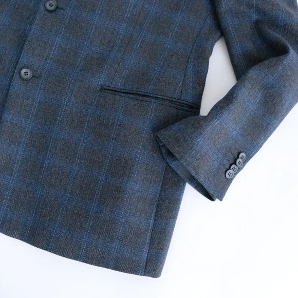 Perry Ellis Vintage Grey Blue Checker Pattern Wool Three Button Blazer - Size 44 - Picture 6 of 11